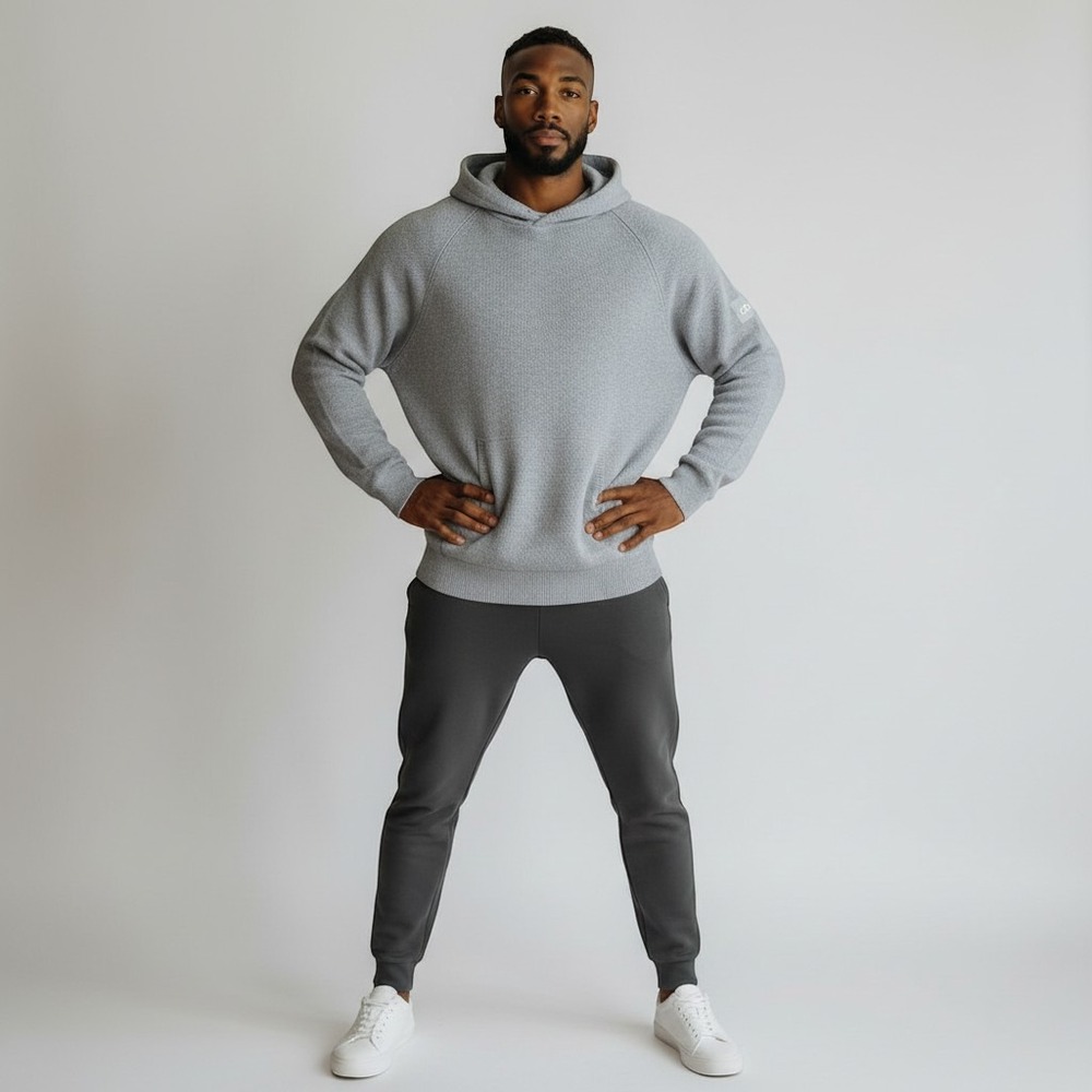 Alo Yoga Mens Waffle Knit Cotton Hoodie Grey Pullover Logo Size M